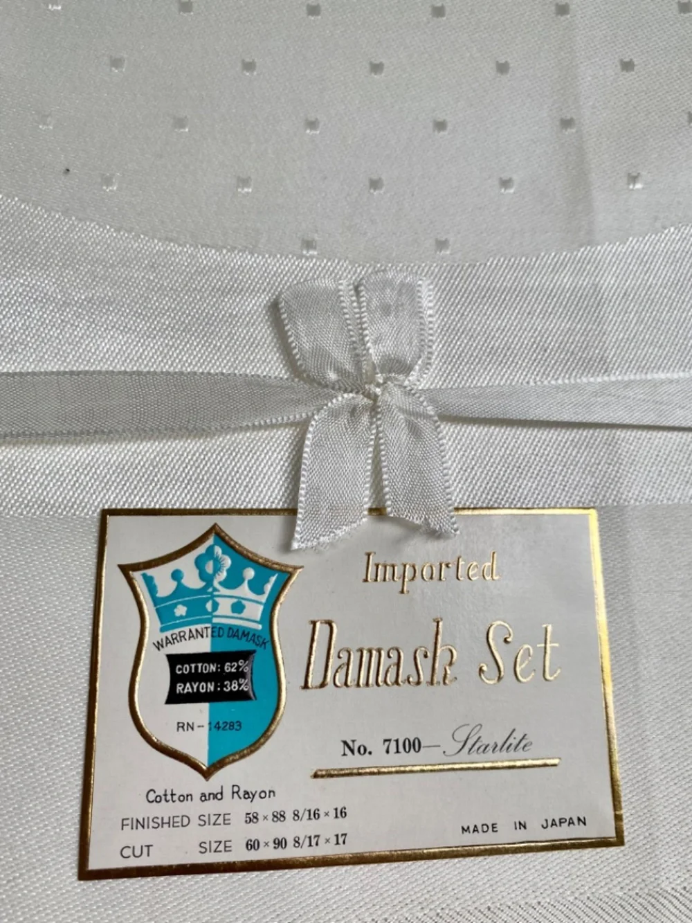 White Damask Tablecloth, Cotton and Rayon 58